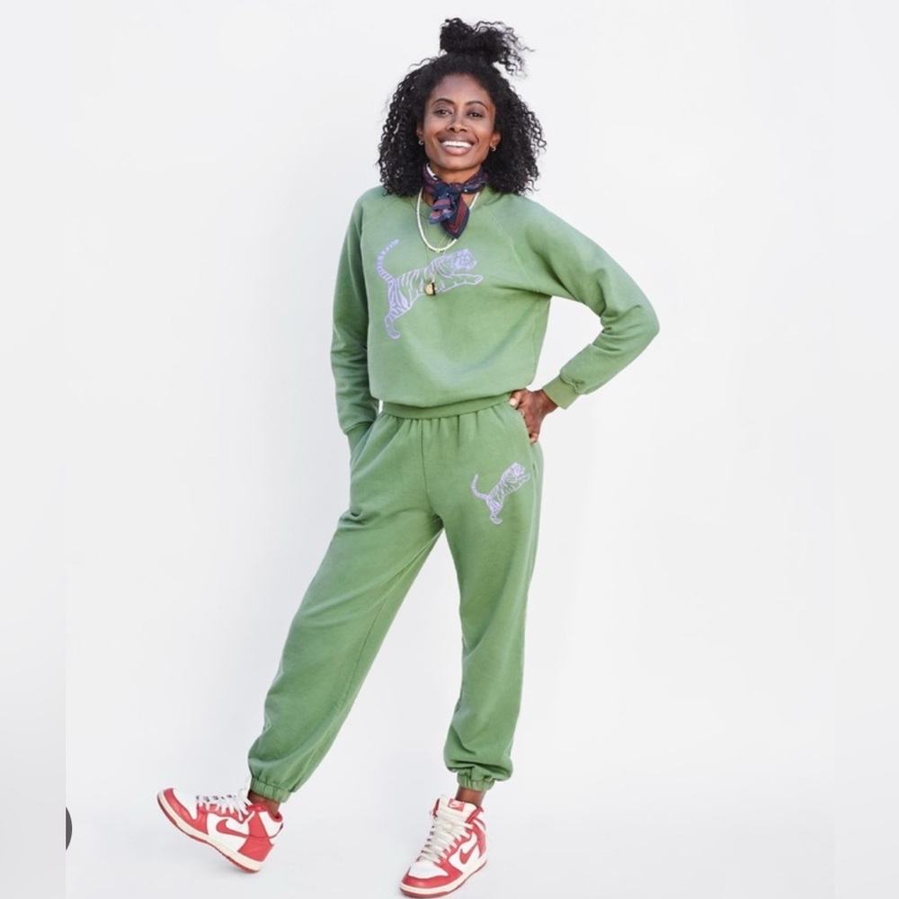 Clare V Green Joggers with Cat Design